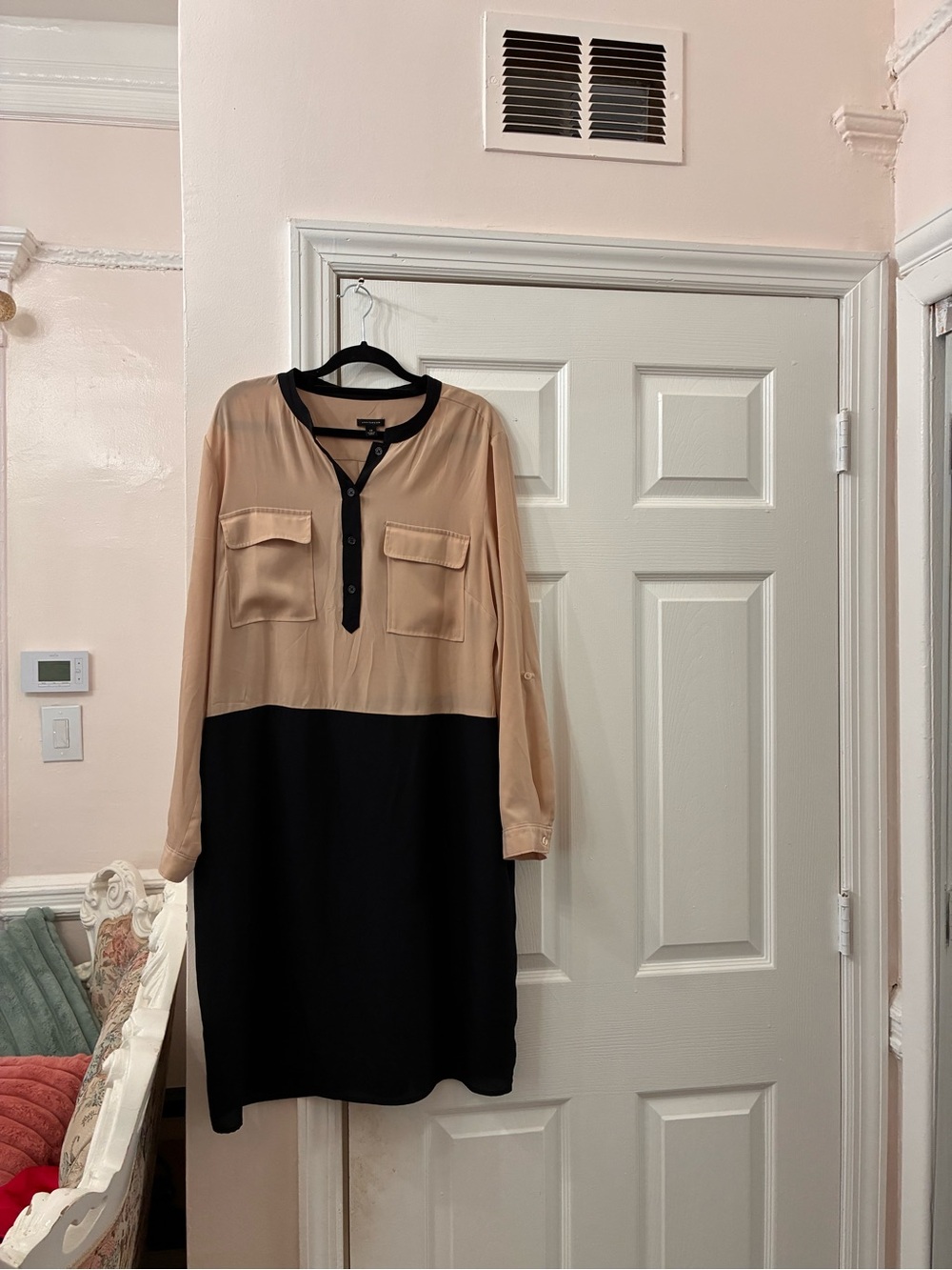 Two-Tone Beige and Black Long Sleeve Shirt Dress